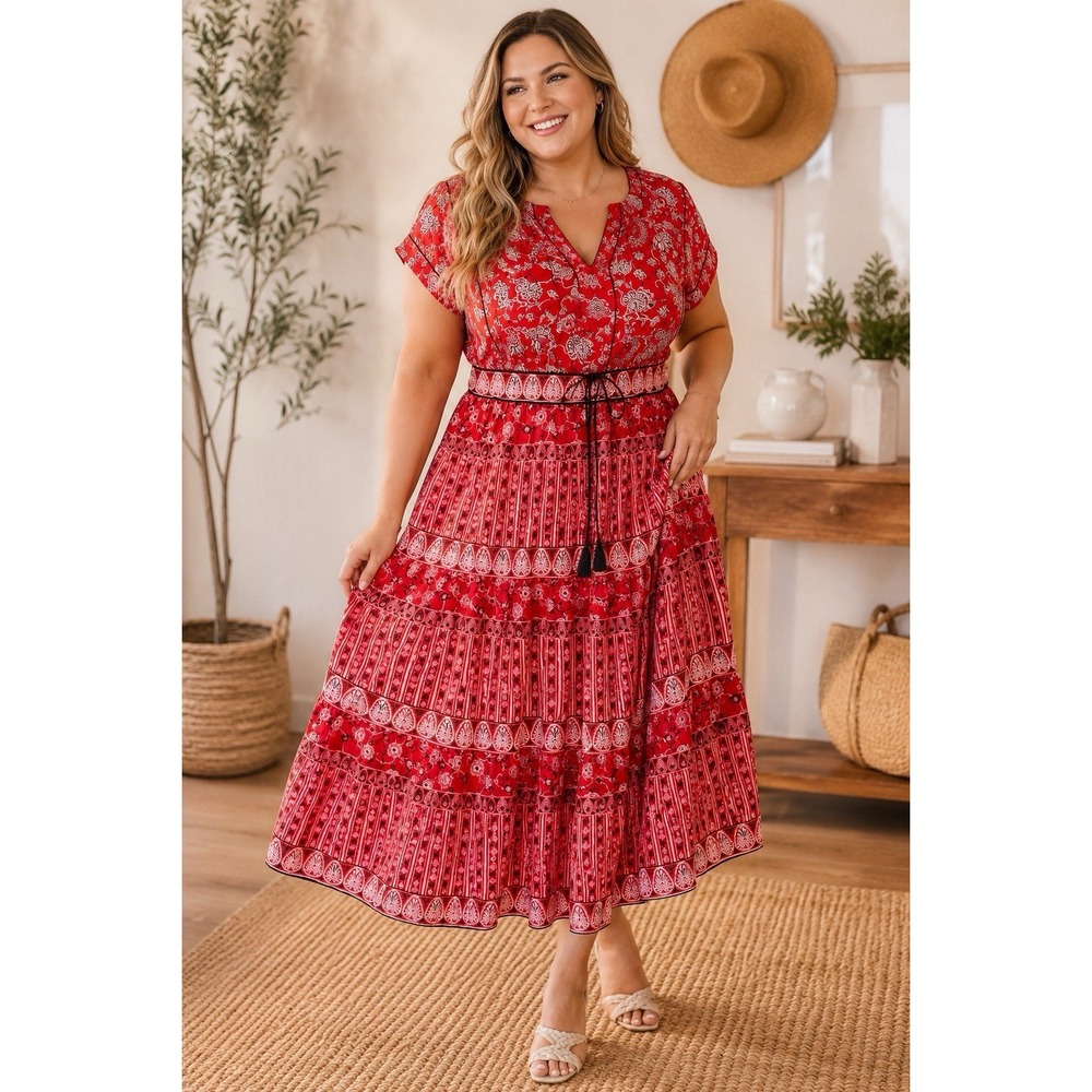 LRL RALPH LAUREN Dress 16 Red Bohoโ Floral Tiered Tassel Drawstring Waist Midi